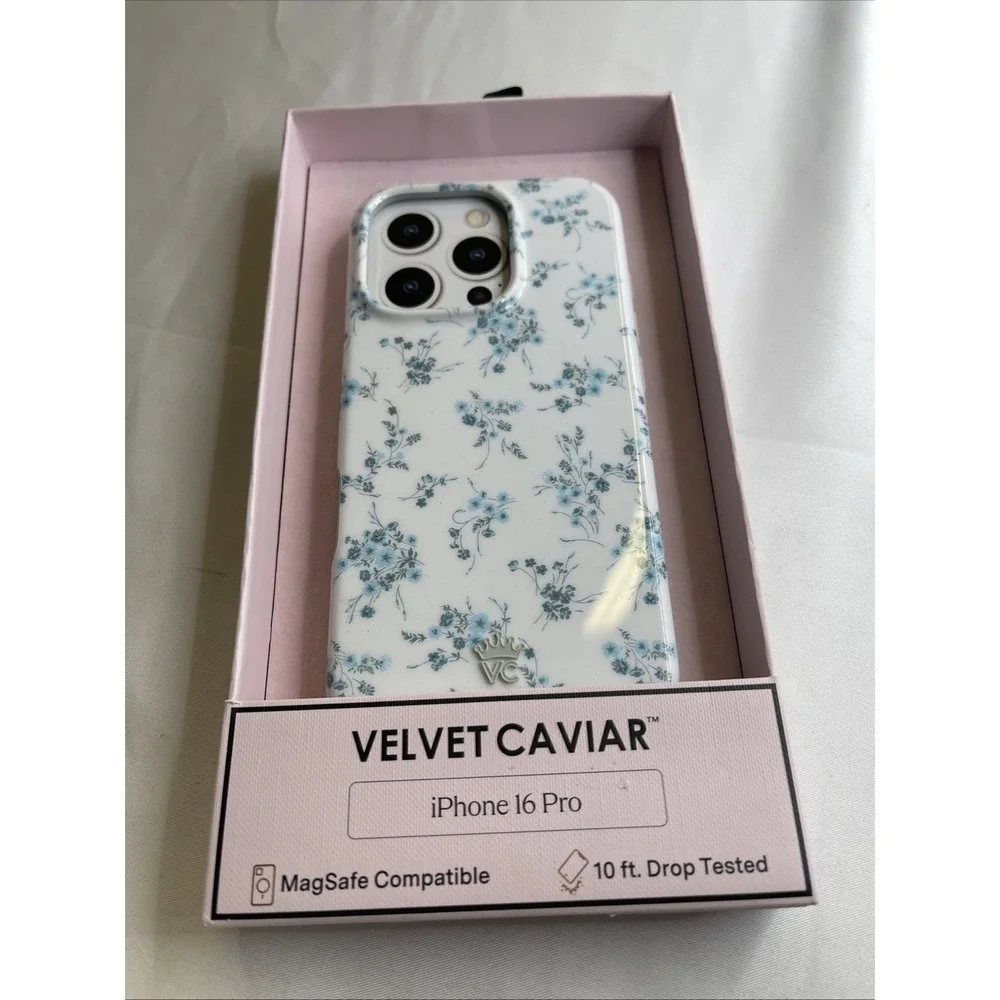 Velvet Caviar iPhone 16 Pro Protective Case Blue Flower Print MagSafe 10ft Drop
